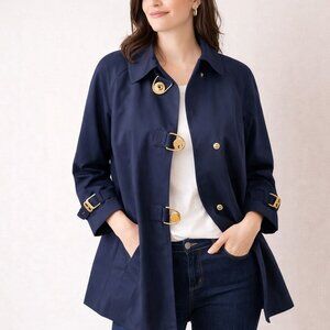 Jones New York Navy Trench Coat Womens L Gold Toggle Rain Mac Jacket
